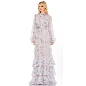 NWT $598 Size 10 Mac Duggal Long Flowy Sleeve Gathers Elegant Maxi Dress Gown